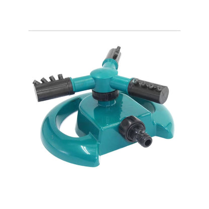 Wukusy 1677 3-arm 360-degree rotating water sprinkler for garden hose irrigation, watering yard plants efficiently.