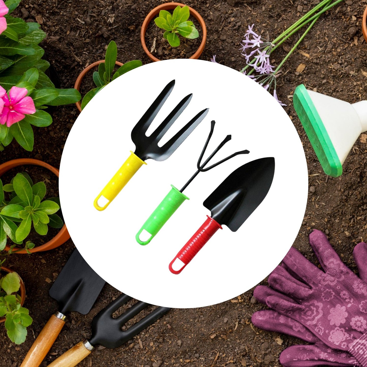 Colorful Wukusy garden tool set with three assorted tools, ideal for gardening tasks and outdoor plant care.
