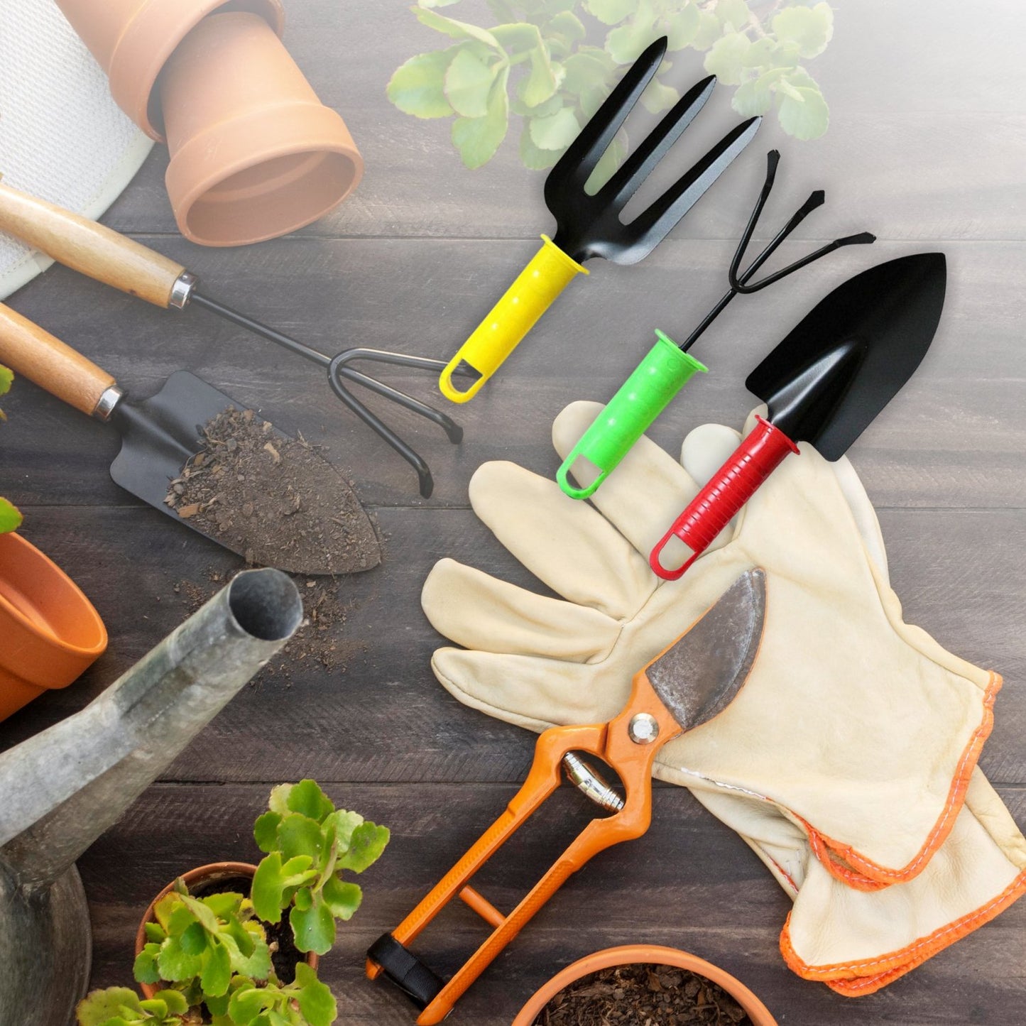 Wukusy colorful garden tool set with three tools, including trowel, cultivator, and transplanter, for gardening tasks.
