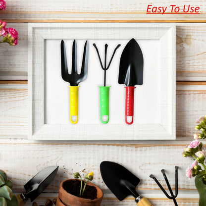 Colorful Wukusy garden tool set with three durable hand tools for gardening and planting tasks.