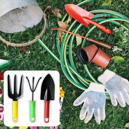 Colorful Wukusy garden tool set with 3 tools, including a trowel, transplanter, and weeder, perfect for gardening tasks.
