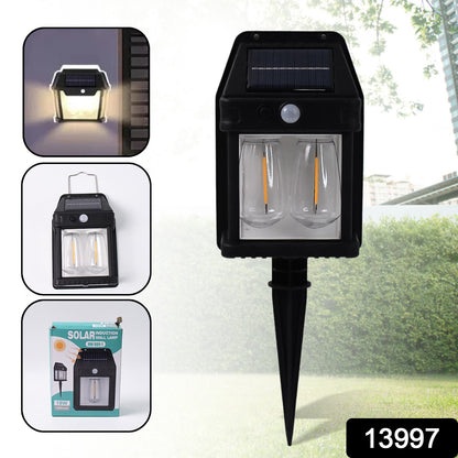 Wukusy 18W solar garden wall double lights with motion sensor and two modes, mounted on outdoor wall.