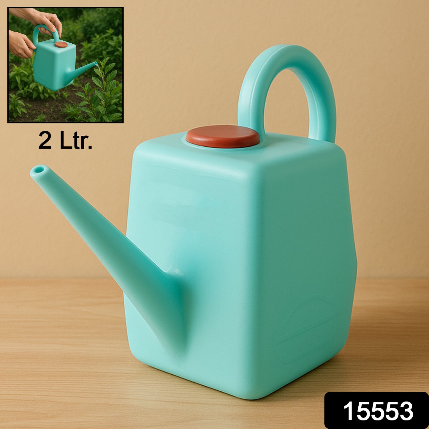Wukusy 2L heavy-duty plastic gardening watering can with long spout and ergonomic handle for easy watering.