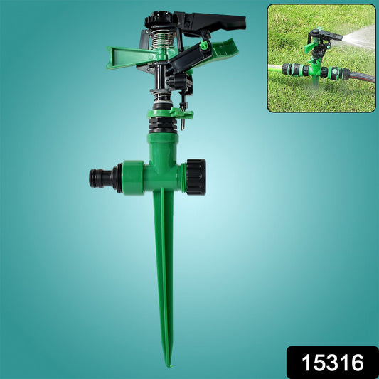 Wukusy 360-degree rotating garden impact sprinkler watering lawn and flower beds outdoors.