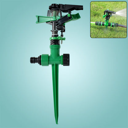 Wukusy 360-degree rotating garden impact sprinkler watering lawn and garden evenly with adjustable spray pattern.