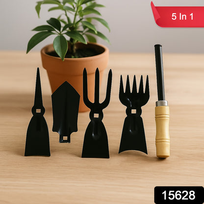Wukusy 5-in-1 multipurpose gardening hand tool set with trowel, pruners, transplanter, cultivator, and weeder for garden work.
