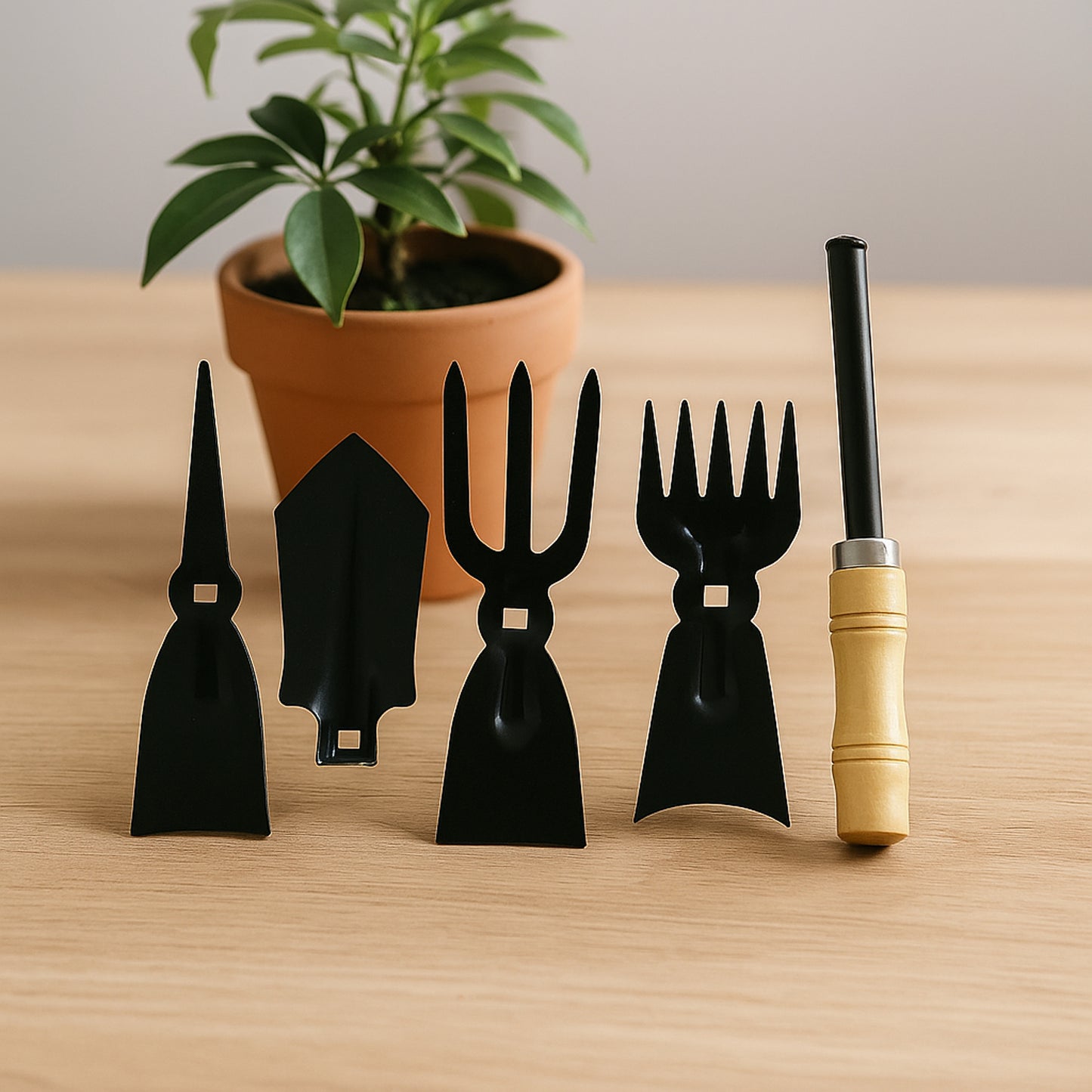 Wukusy 5-in-1 multipurpose gardening hand tool set with trowel, pruning shears, transplanter, weeder, and cultivator for garden use