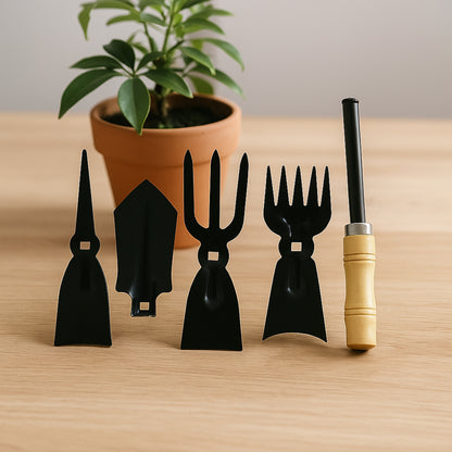Wukusy 5-in-1 multipurpose gardening hand tool set with trowel, pruning shears, transplanter, weeder, and cultivator for garden use