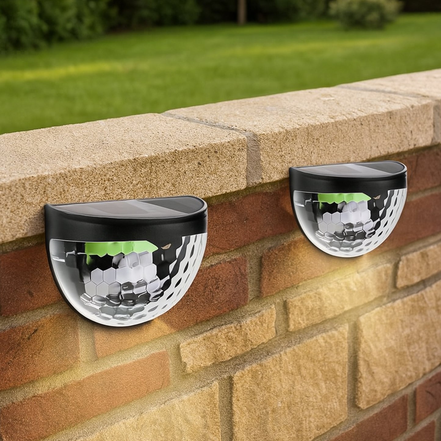 Wukusy garden solar-powered wall mount fence lights with honeycomb shade design, 6 LED lights in a 2-piece set.