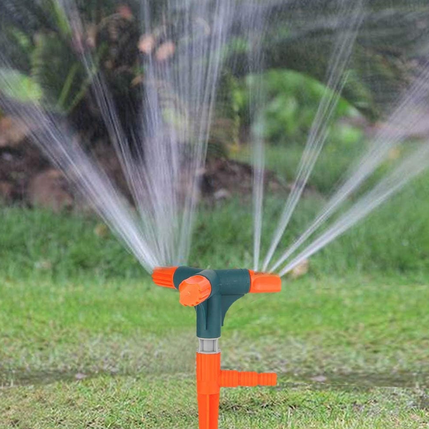 Wukusy 7490 Garden Sprinkler with 3 rotating arms, adjustable for 360-degree watering of lawns, gardens, and plants.