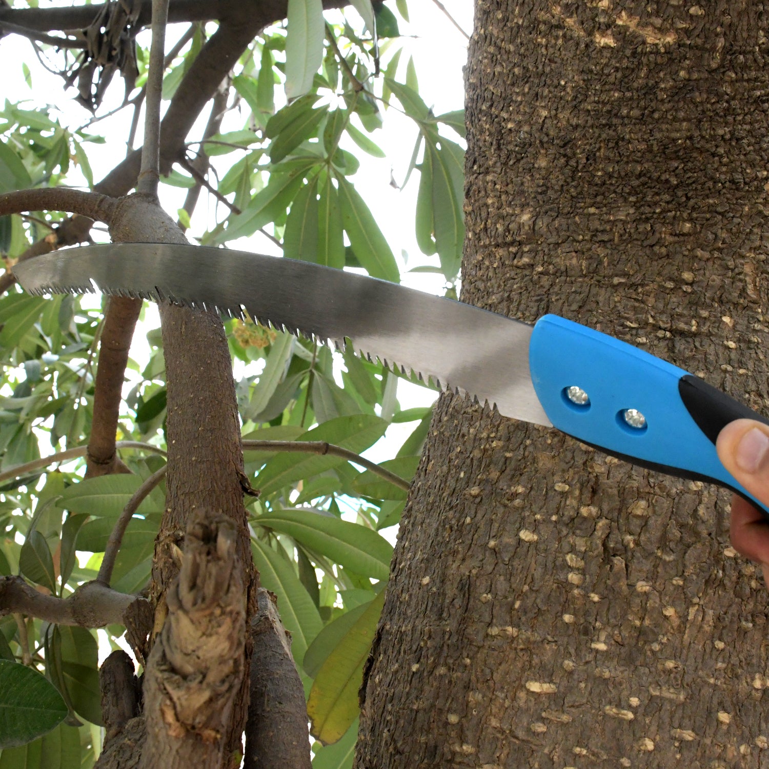 Wukusy 20-inch pruning saw with high carbon steel blade, sharpened teeth, and protective cover for gardening and tree cutting.