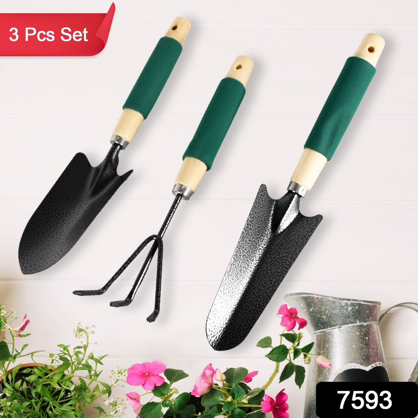 Wukusy 3-piece gardening tools set with heavy-duty hand cultivator, trowel, and ergonomic wooden handles for transplanting and digging.