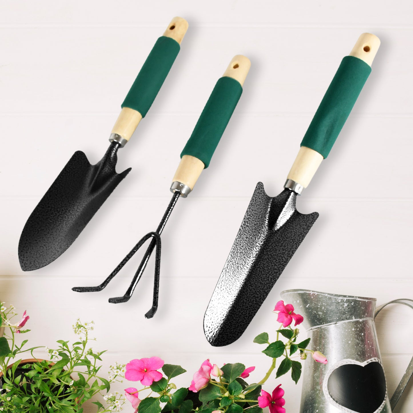 Set of three Wukusy gardening tools including hand cultivator and trowel with ergonomic wooden handles for transplanting and digging.