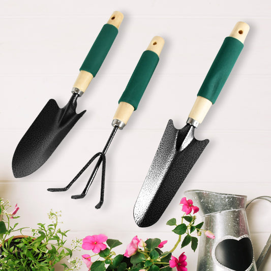 Set of three Wukusy gardening tools including hand cultivator and trowel with ergonomic wooden handles for transplanting and digging.