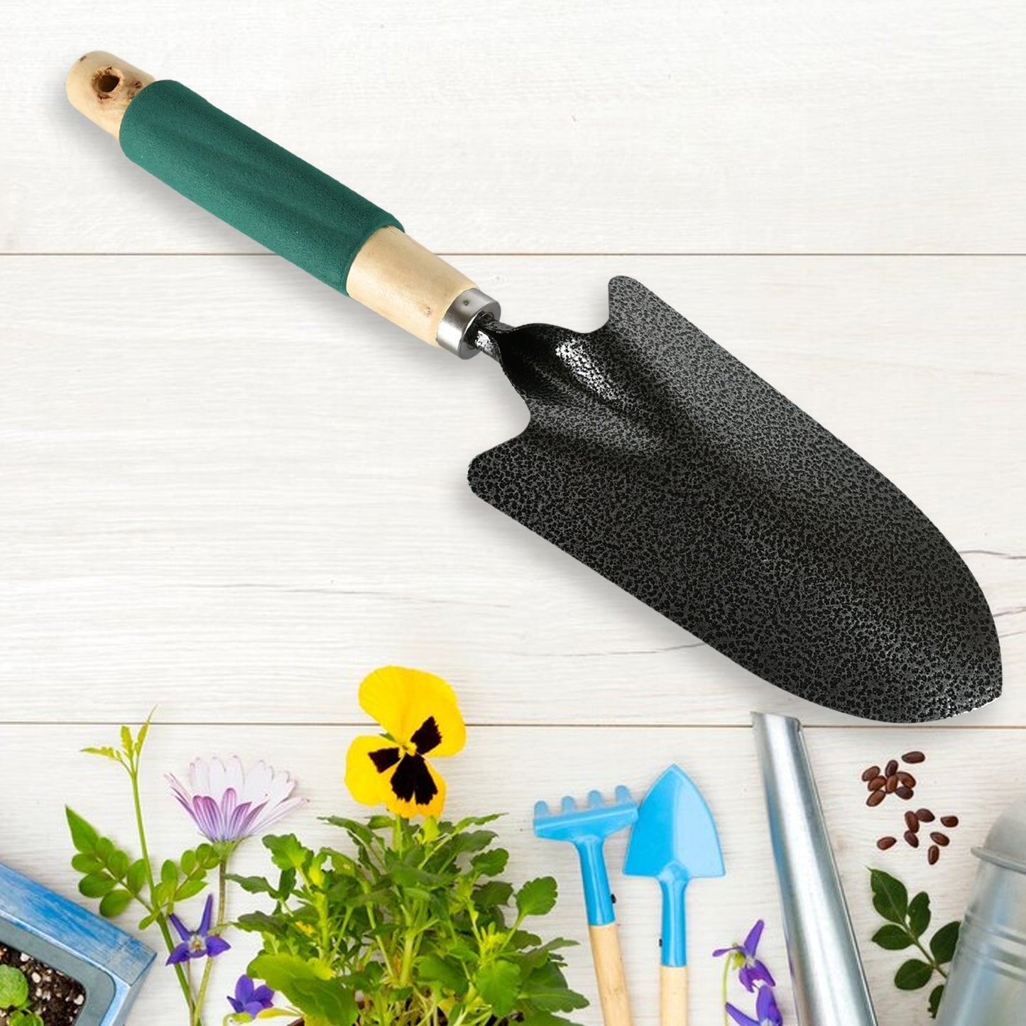 Wukusy 3-piece gardening tools set with heavy-duty hand cultivator, trowel, and ergonomic wooden handles for transplanting and digging.