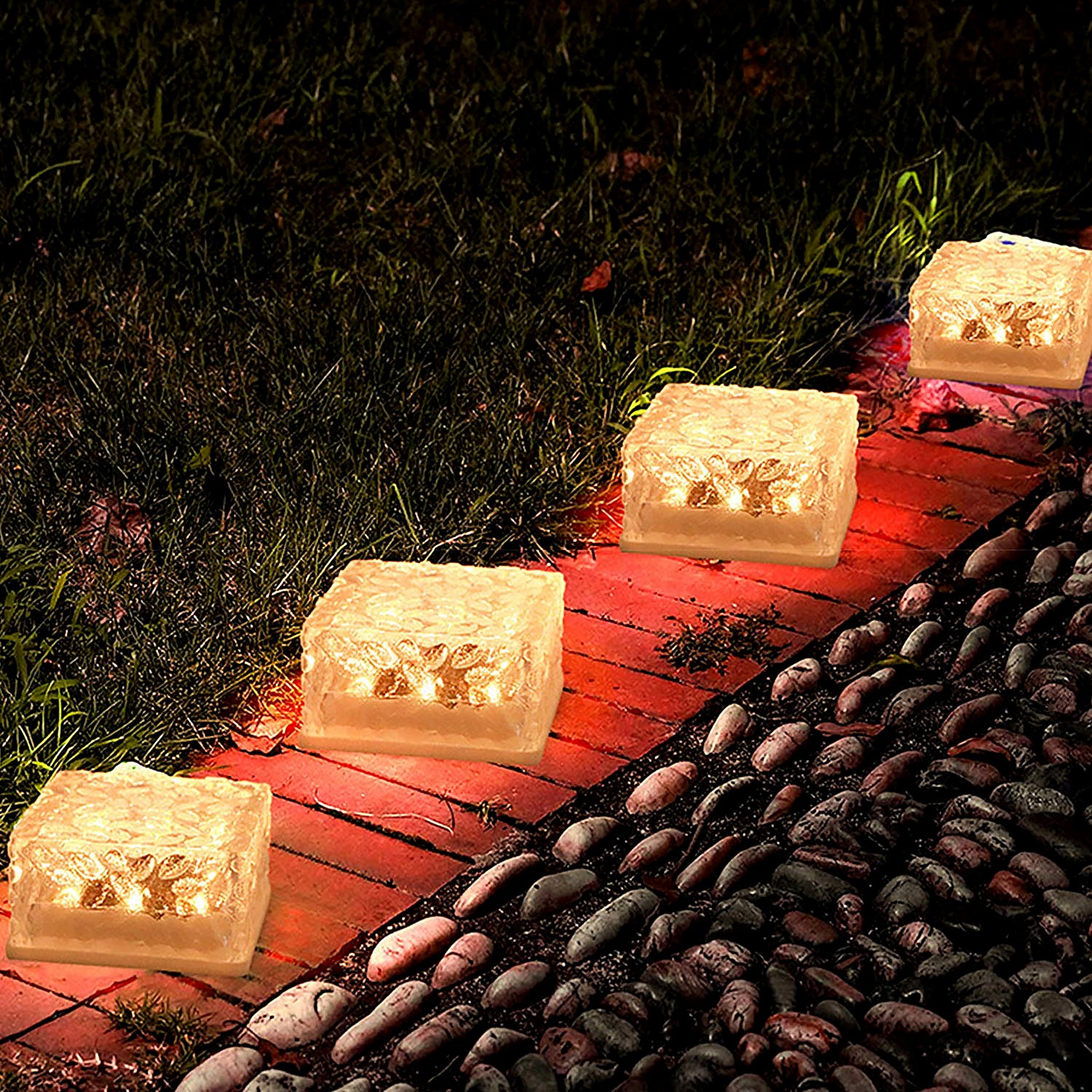 Wukusy ice cube-shaped solar garden light emitting warm glow, ideal for walkway, pathway, backyard, Christmas, and outdoor party decor.