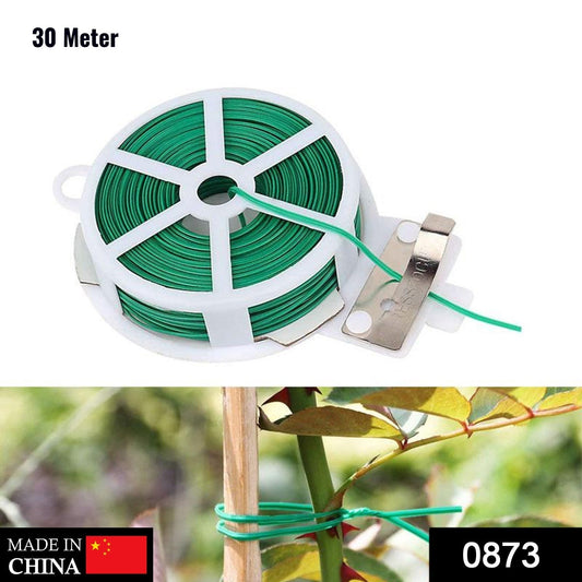 Green Wukusy garden plastic twist tie wire spool with cutter, 30m length, ideal for securing plants and yard gardening.