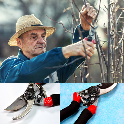 Red Wukusy garden shears with 21cm sharp blades, ideal for pruning and cutting plants in the garden.
