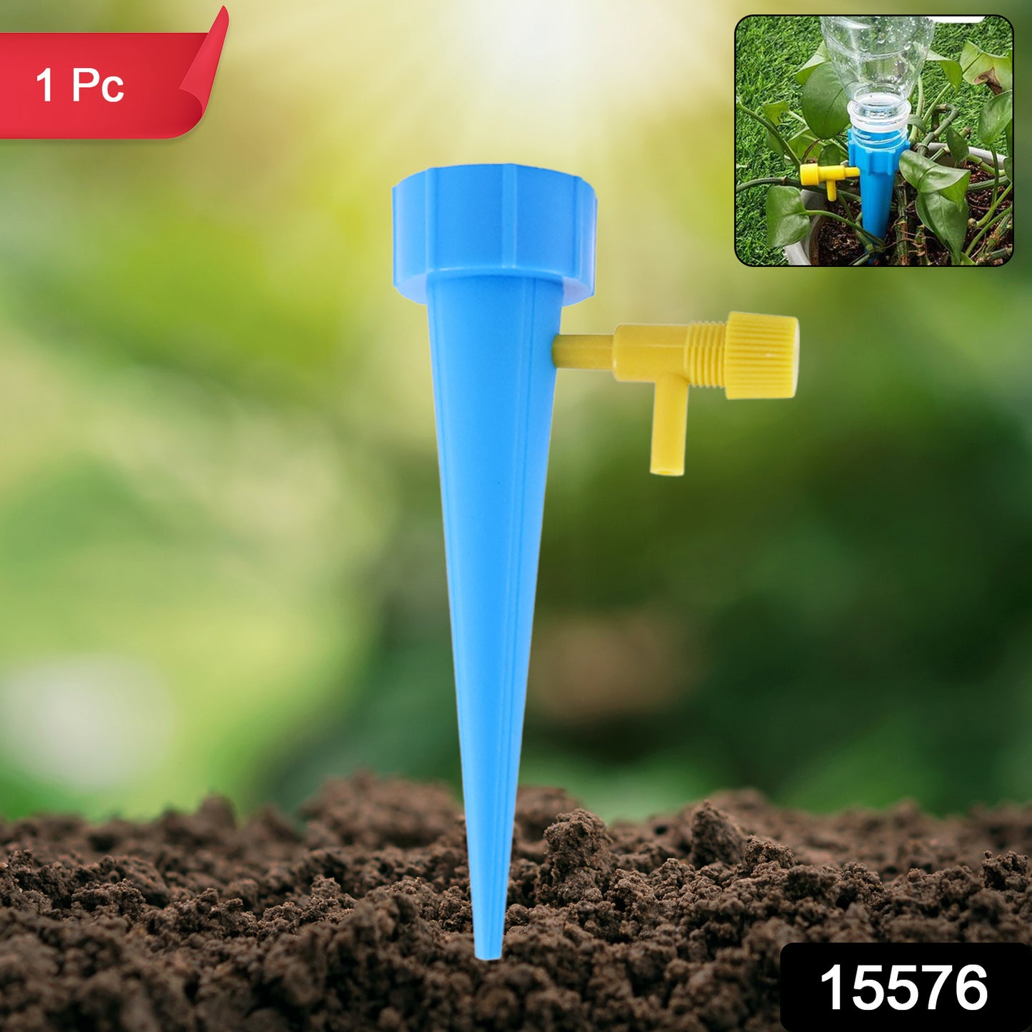 Blue Wukusy garden self-watering spike for plants, designed to provide efficient watering, shown in a close-up image