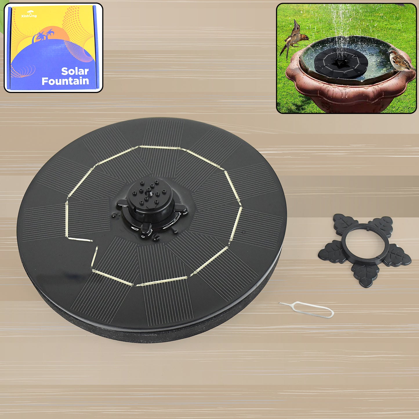 Wukusy Fast Fountain garden water feature with solar-powered design, five spray modes, suitable for bird baths, pools, and ponds.
