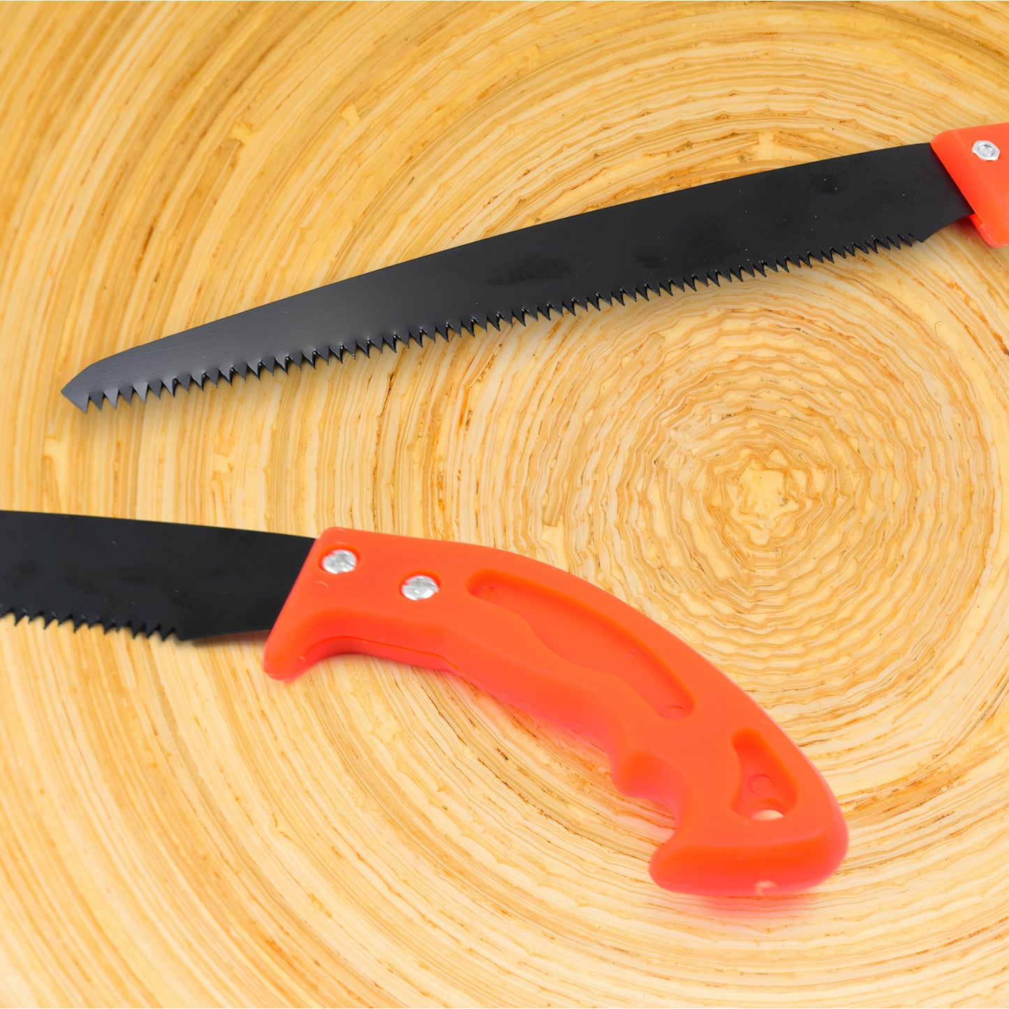 Wukusy hand pruning saw for tree branches with protective cover, garden tool for trimming and pruning tree limbs.