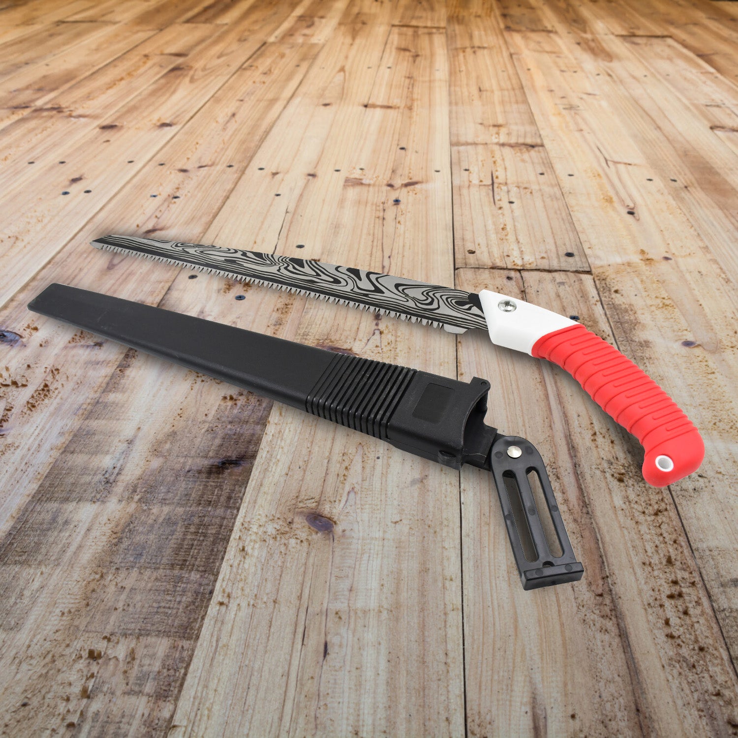 Wukusy garden hand pruning saw with cover, designed for cutting tree branches, featuring a sharp blade and ergonomic handle.