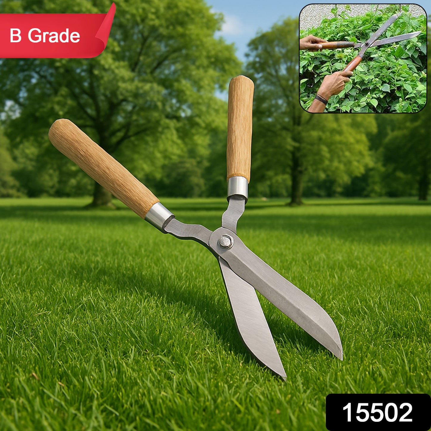 Wukusy heavy-duty B grade hedge shear with wooden handle for garden trimming and hedge pruning.