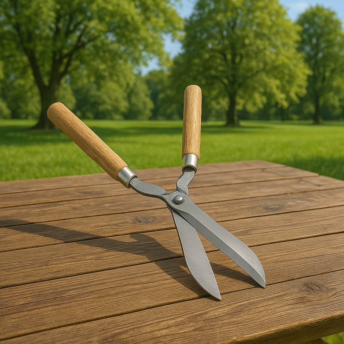 Heavy-duty B grade hedge shear with wooden handle from Wukusy, designed for garden trimming and shrub shaping.