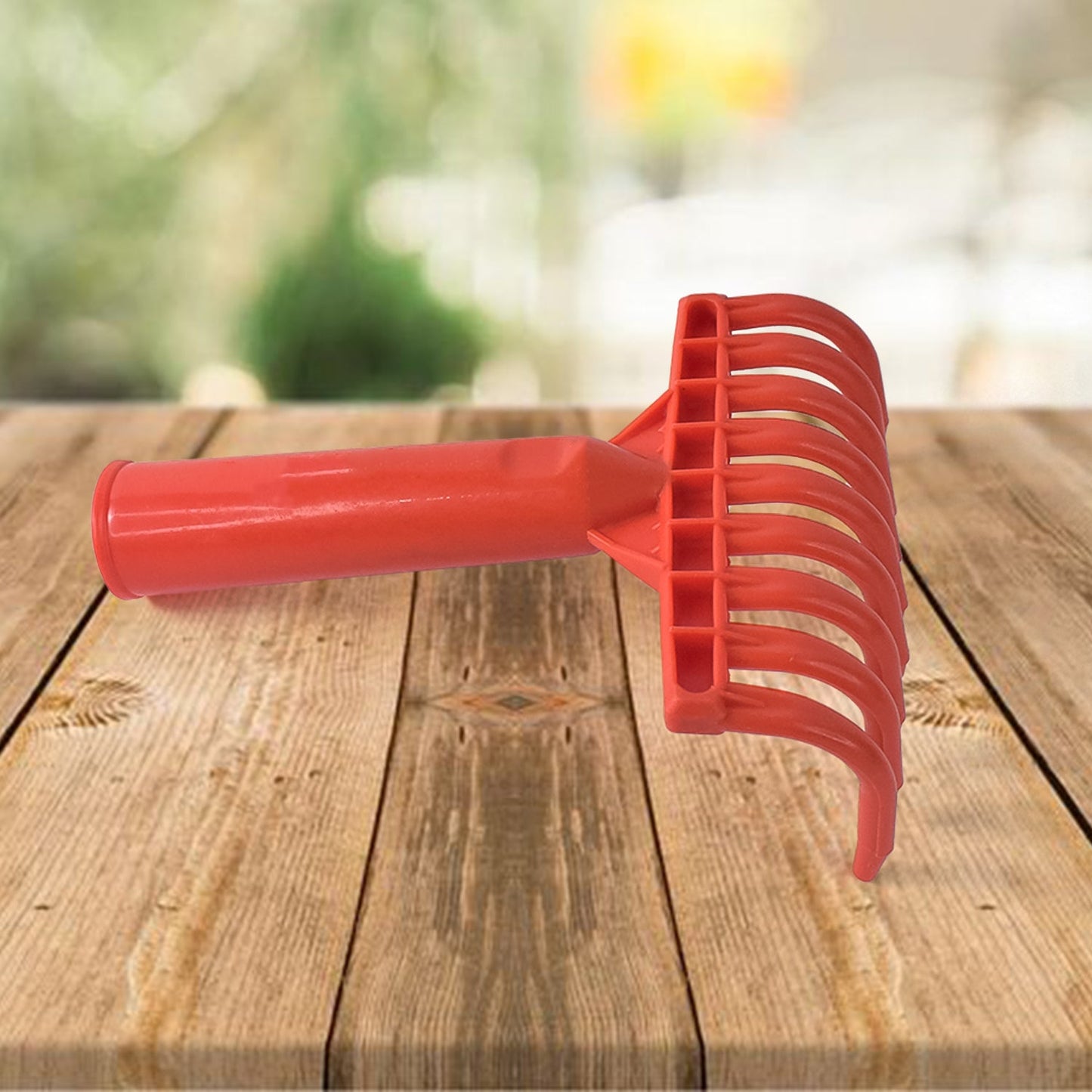 Wukusy heavy-duty plastic garden hand rake with 9 teeth, ideal for cultivating soil and garden maintenance.