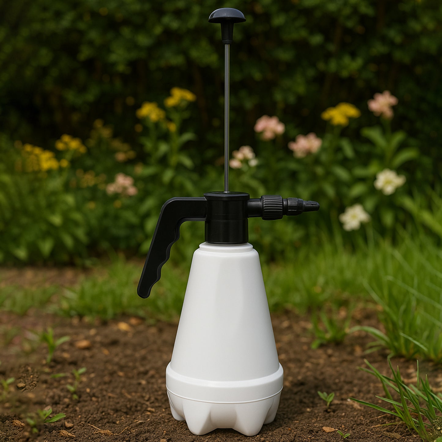 Wukusy heavy-duty plastic garden pressure spray bottle, 1.5L for watering and plant care, with a durable trigger and adjustable nozzle.