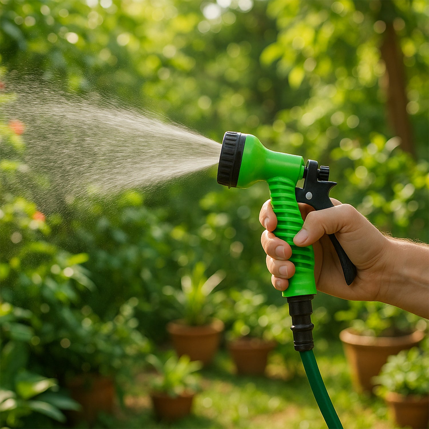 Wukusy multi-pattern garden hose spray nozzle showing various spray settings attached to a garden hose.