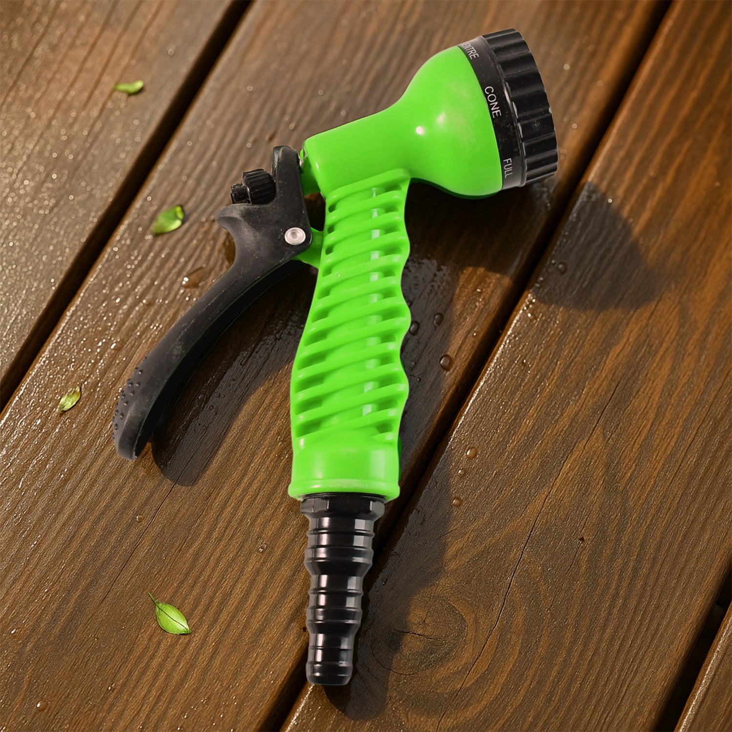 Wukusy multi-pattern garden hose spray nozzle attached to a garden hose, showing various spray settings for watering and cleaning.