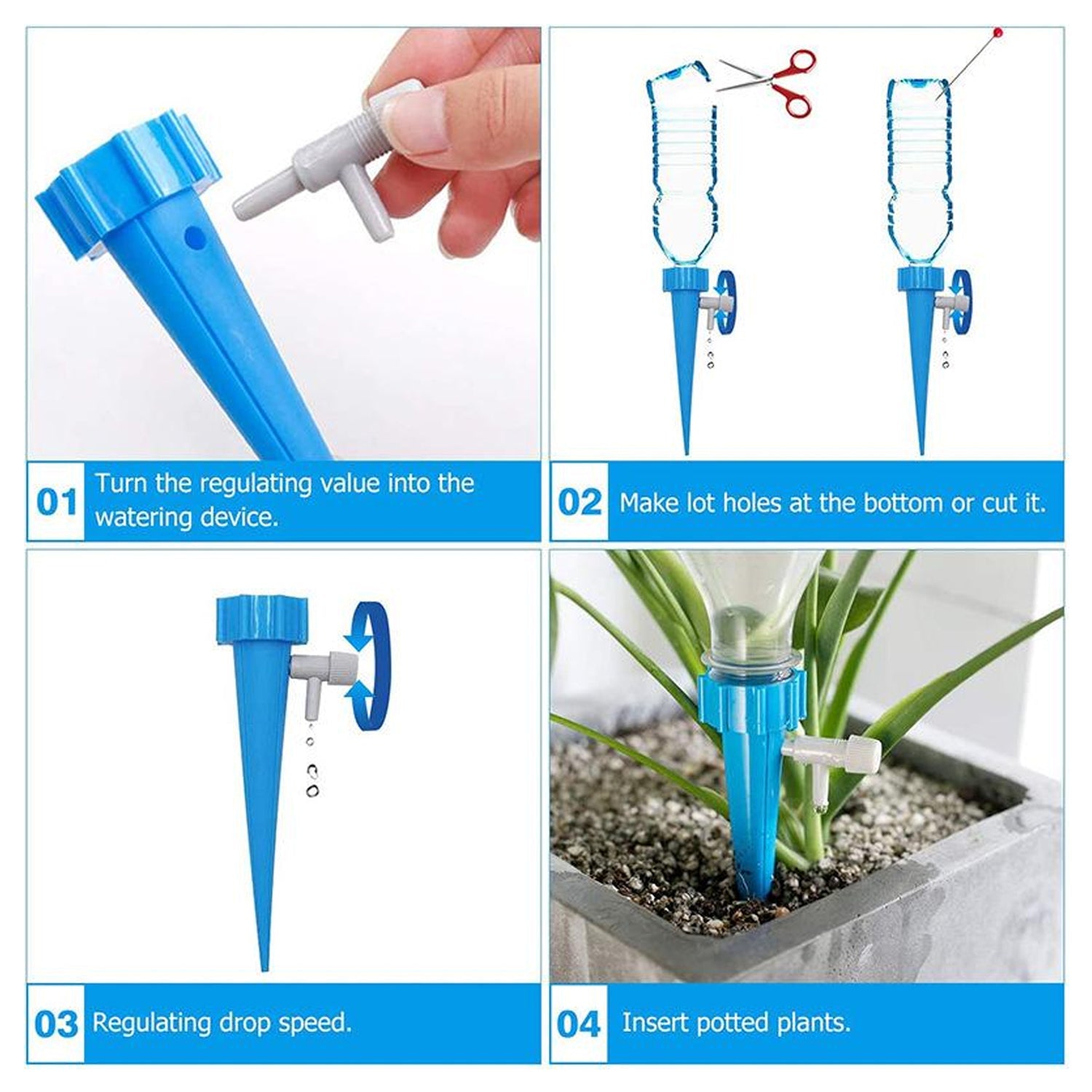 Wukusy garden self-watering spikes with adjustable control valve for slow water release, designed for plant watering and irrigation.