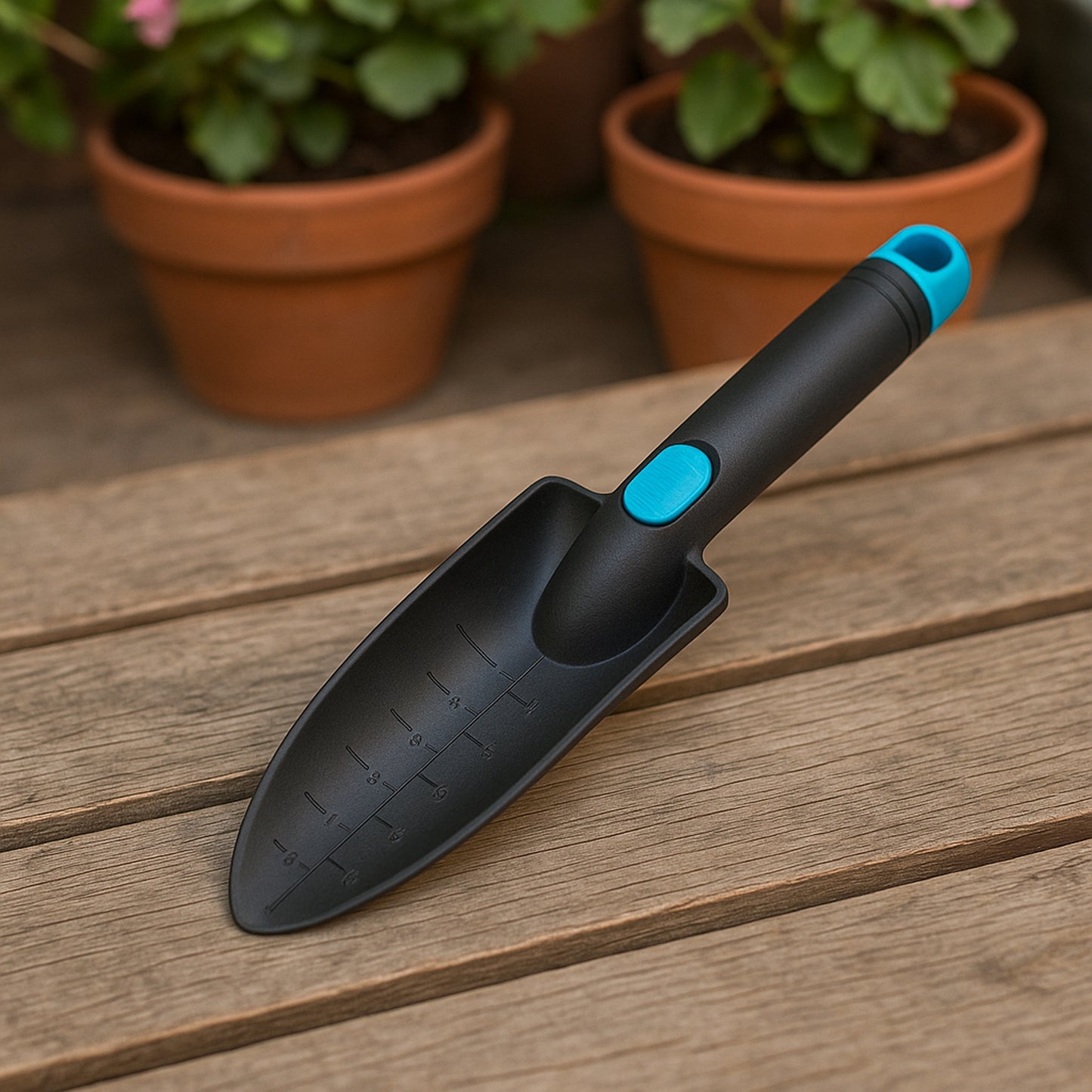 Wukusy plastic heavy-duty garden hand trowel with measurement marks, ideal for planting and gardening tasks.