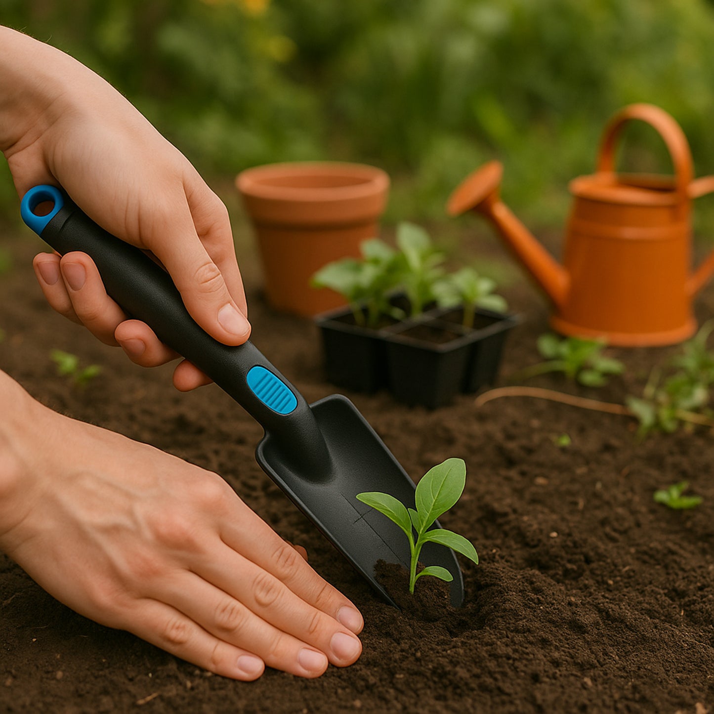Wukusy plastic heavy-duty garden hand trowel with measurement marks, suitable for planting and gardening tasks.