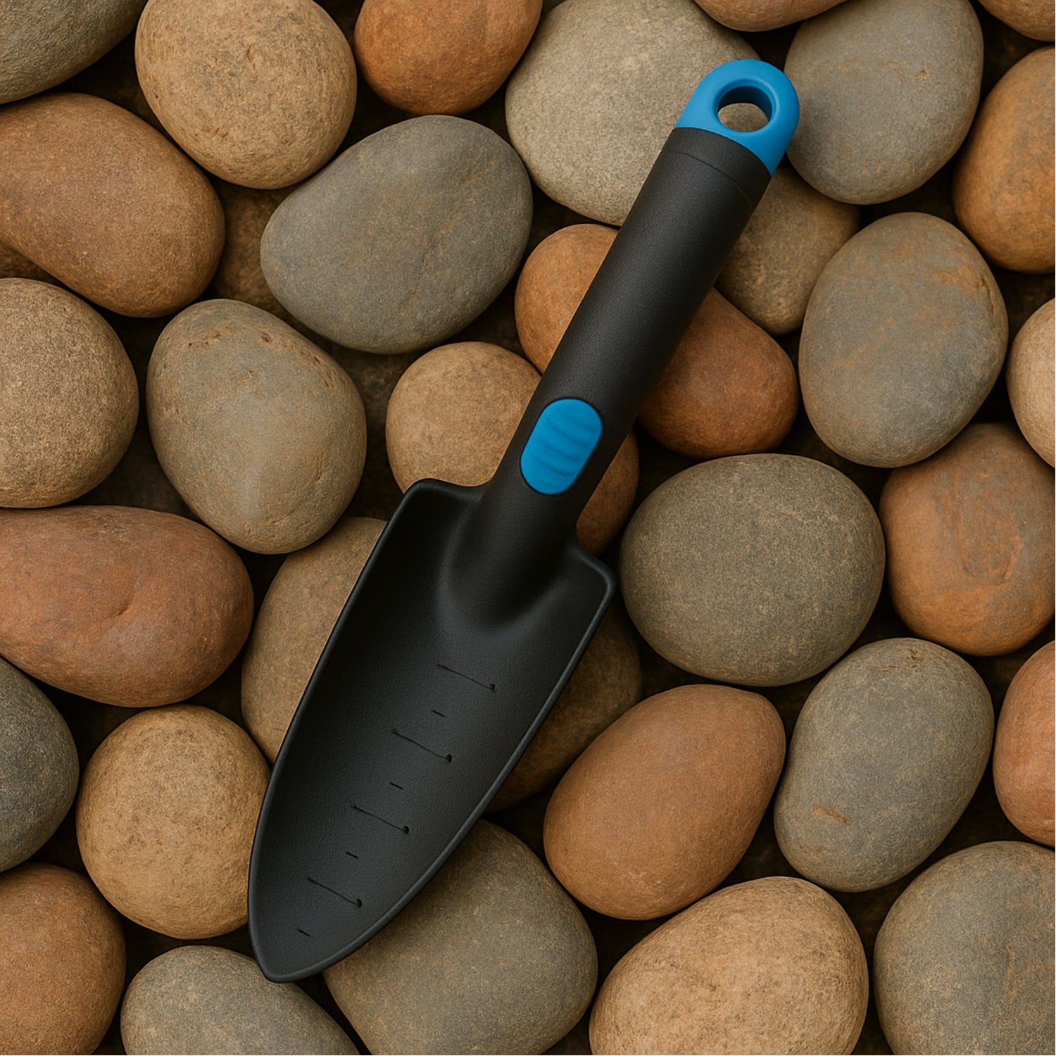 Wukusy plastic heavy-duty garden hand trowel with measurement marks for planting and transplanting in garden beds.