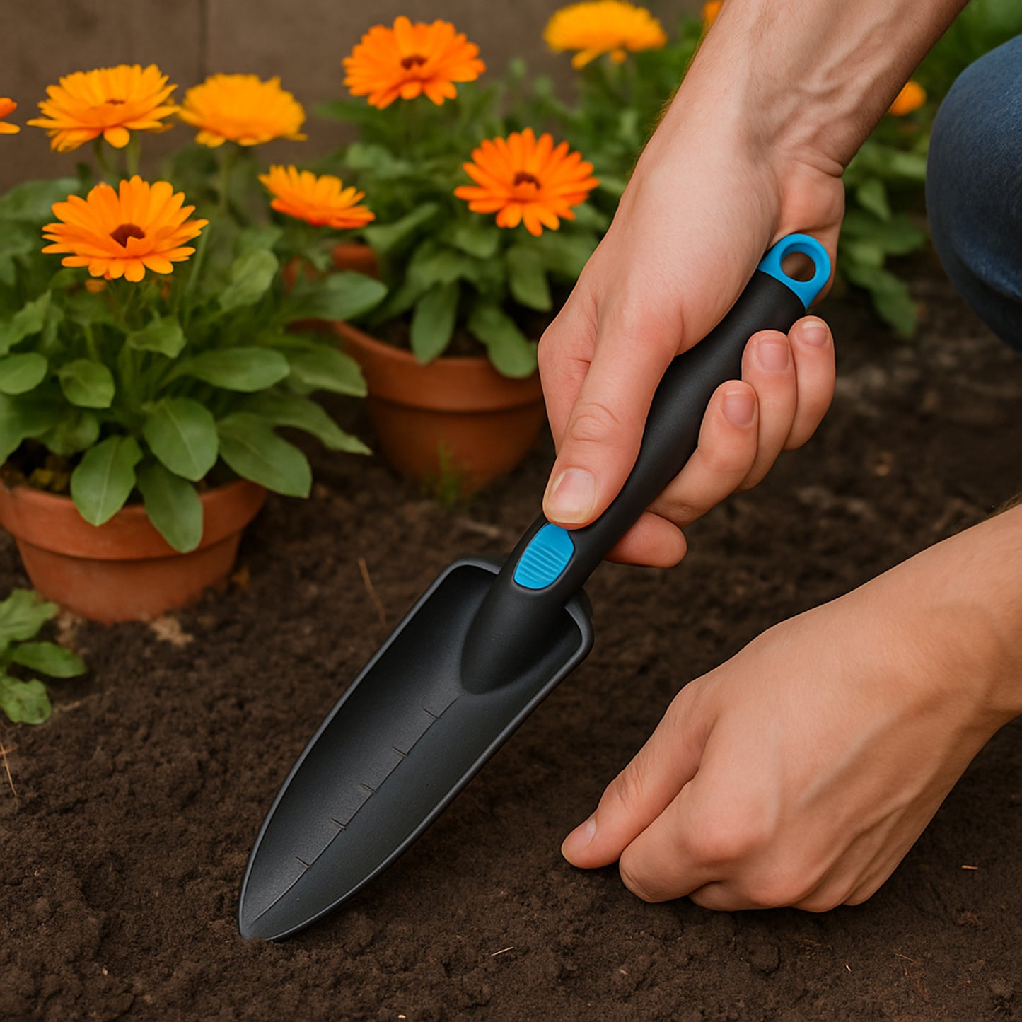 Wukusy plastic heavy-duty garden hand trowel with measurement marks, ideal for gardening and planting tasks
