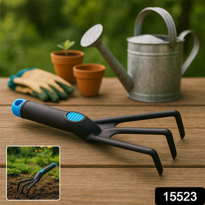 Wukusy plastic garden hand cultivator tool with three tines for soil aeration and planting in a garden setting