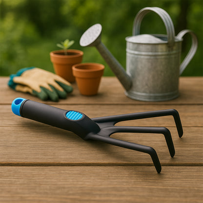 Wukusy plastic premium garden hand cultivator tool with three metal tines for soil cultivation and aeration.
