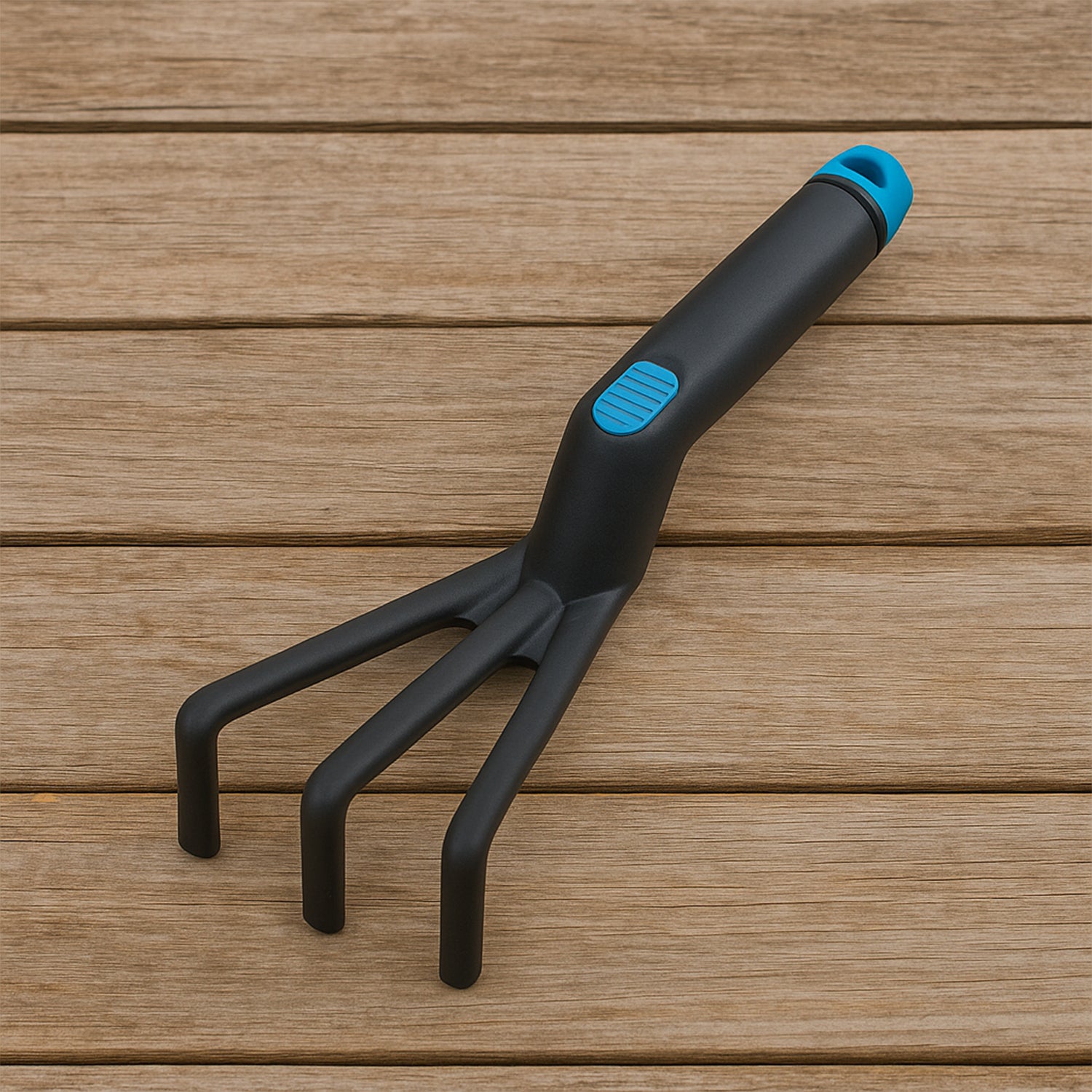 Wukusy plastic premium garden hand cultivator tool with three tines for soil loosening and planting in a garden.