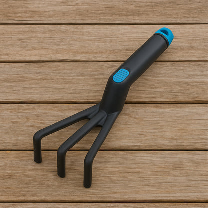 Wukusy plastic premium garden hand cultivator tool with three tines for soil loosening and planting in a garden.