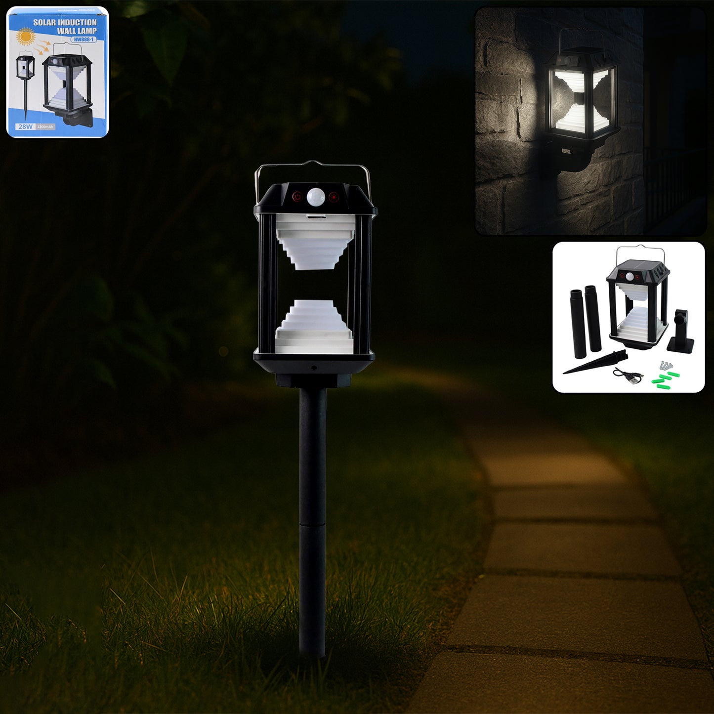 Wukusy garden solar induction LED wall lamp with motion sensor, outdoor lighting, mounted on a wall at dusk