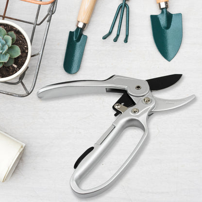 Wukusy garden pruning shear, 8-inch steel hand shears for trimming plants and shrubs, designed for gardening tasks.
