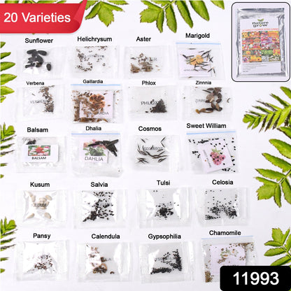 Wukusy garden flower seed combo with 20 varieties of flower seed packets arranged in a colorful display.