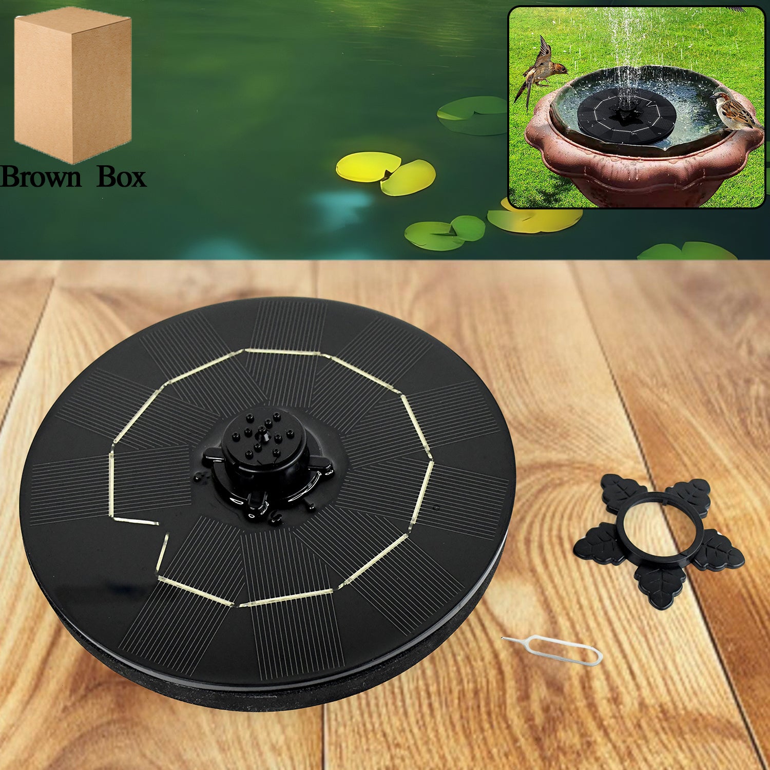 Wukusy garden solar-powered floating water fountain pump kit with solar panel and adjustable fountain head on a pond.