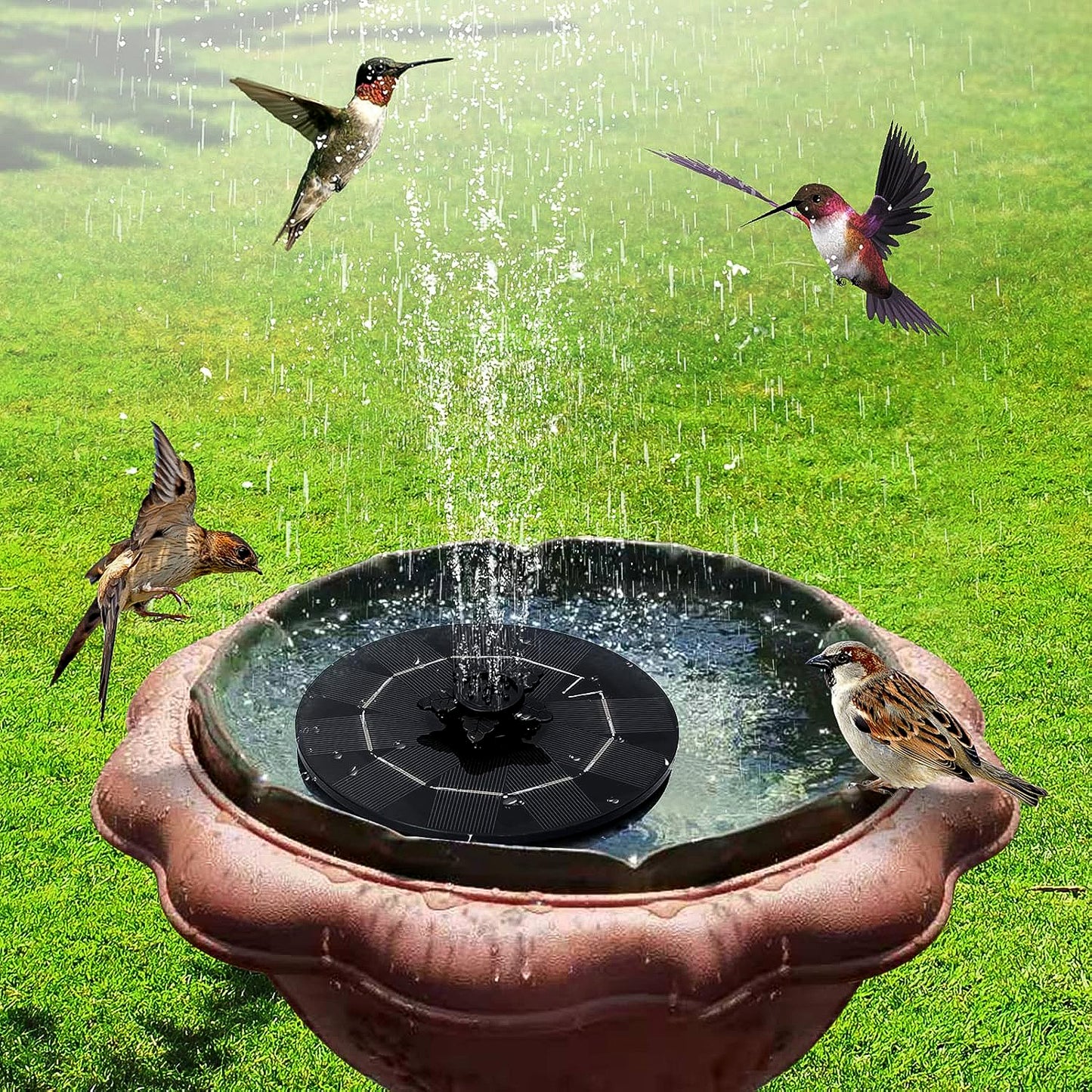Wukusy solar-powered floating water fountain pump kit for garden ponds, featuring a compact, eco-friendly water fountain with adjustable settings.