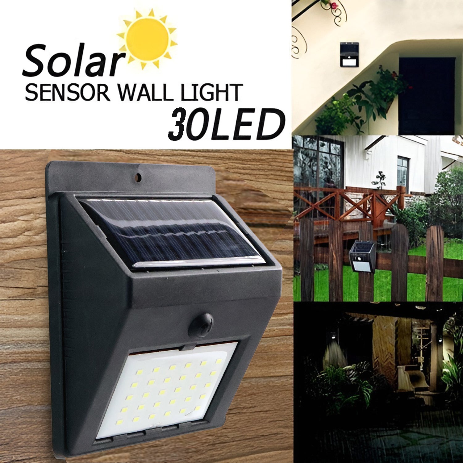 Wukusy solar-powered LED garden wall light mounted on outdoor wall, providing illumination for garden spaces.
