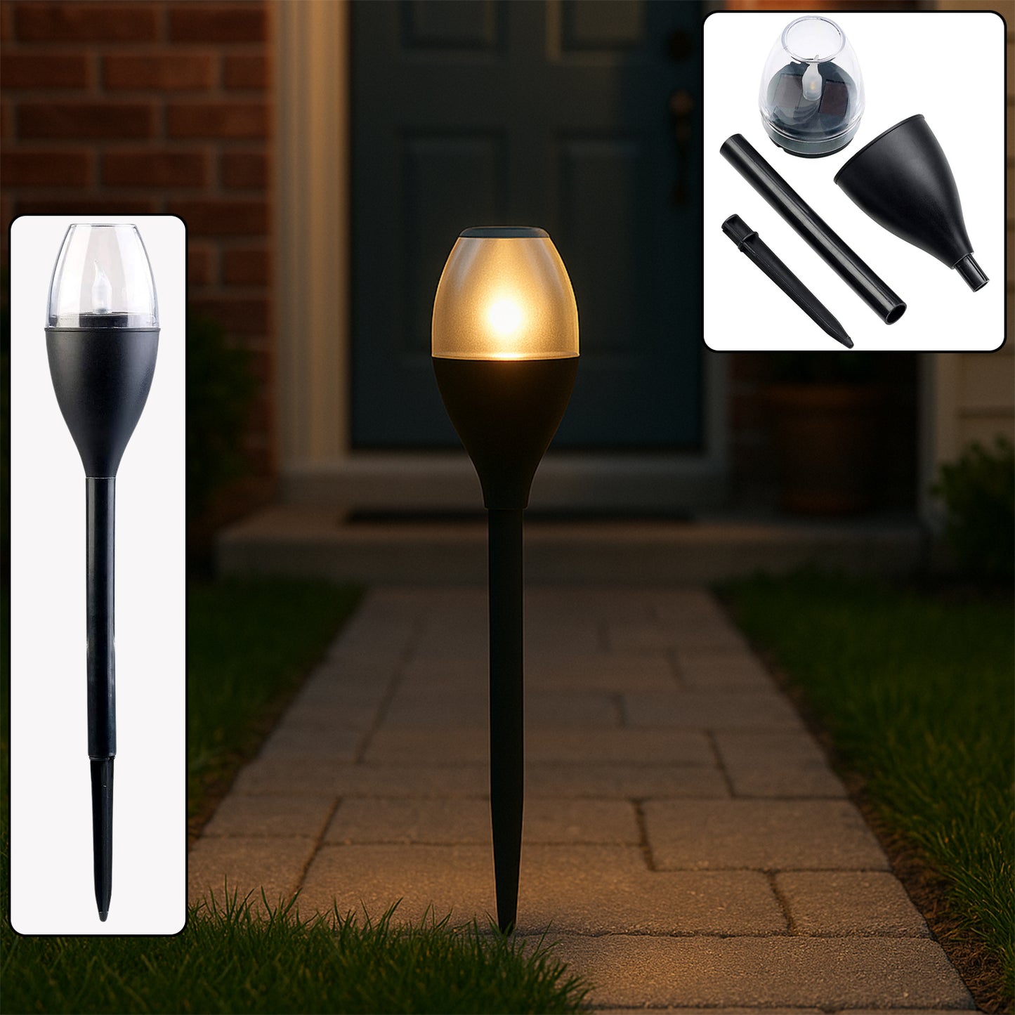 Wukusy solar-powered outdoor garden pathway light illuminating a garden walkway at dusk.