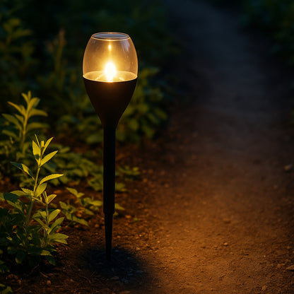 Wukusy solar-powered outdoor garden pathway light illuminating a garden path with a modern design at dusk.