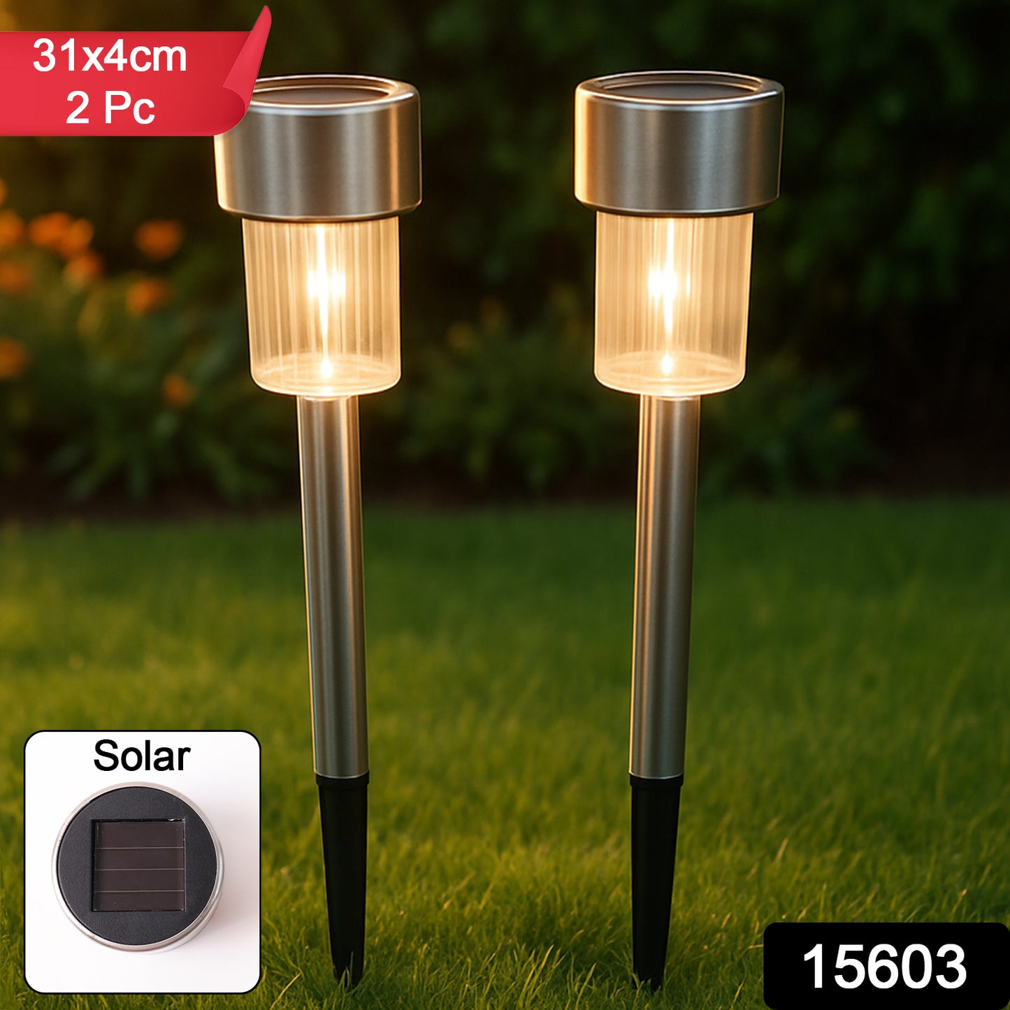 Set of two Wukusy solar-powered stainless steel garden pathway lights, 31x4 cm, for outdoor illumination and garden decor.